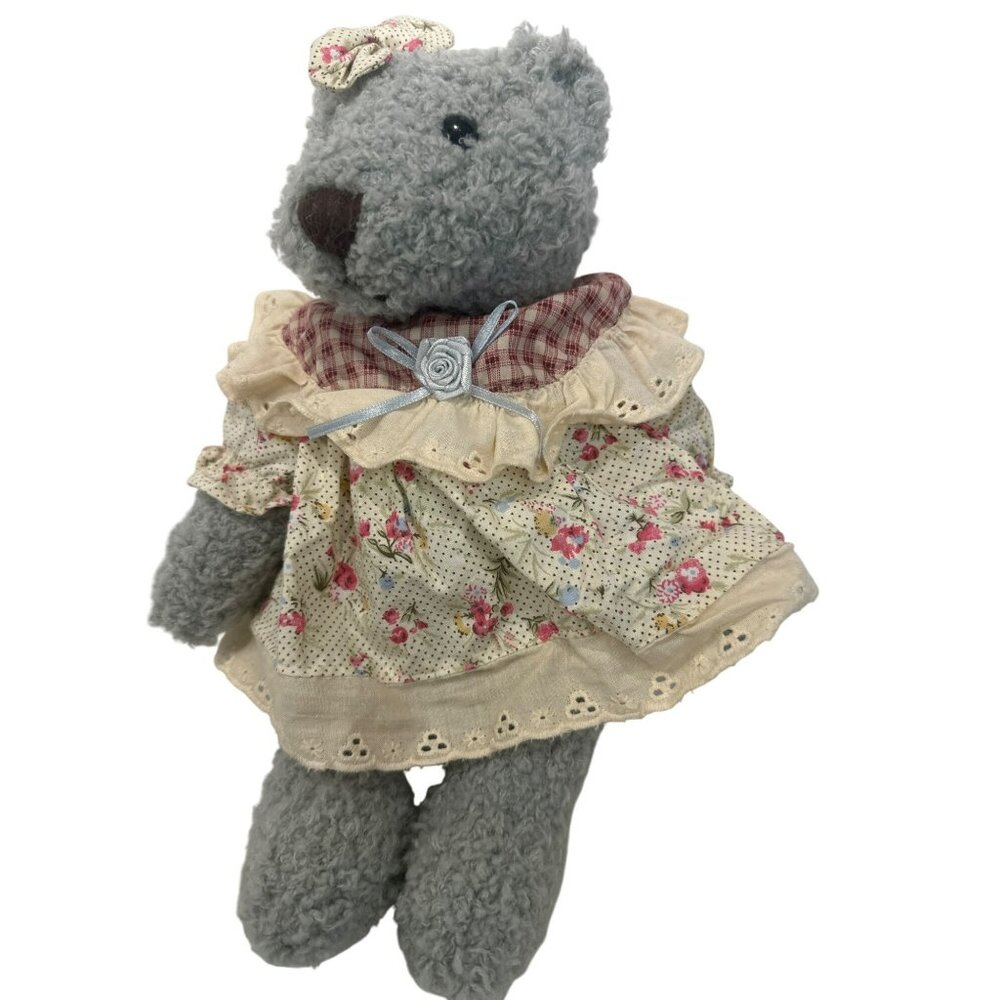 T.L. Toys Vintage Gray Teddy Bear With Floral Dress & Bow Shabby Chic